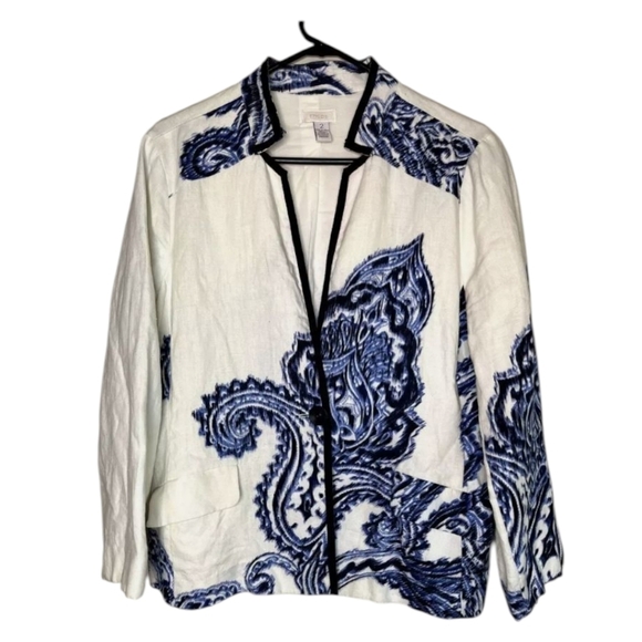 Linen Willow Print Brushed Paisley Mandarin Inverted Collar Blazer Chico's 2 Lrg - Picture 4 of 11